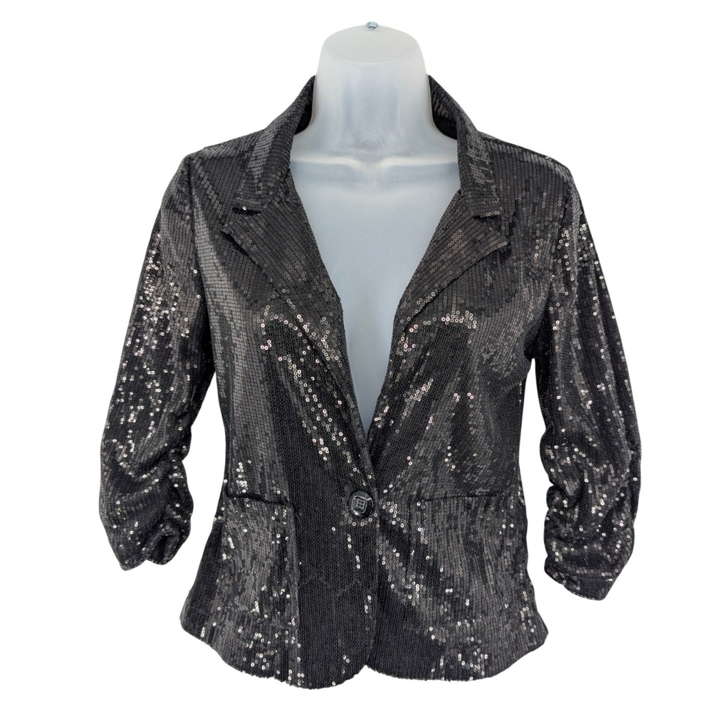 About A Girl Los Angeles Womens Small Black Sequin Blazer 3/4‎ Ruched Sleeve